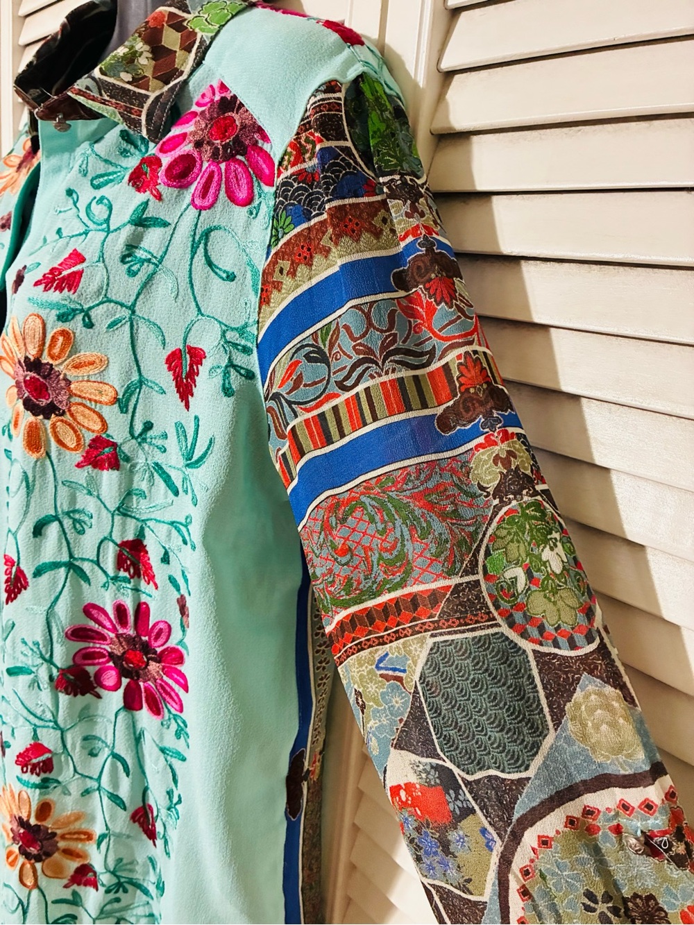 John Mark Teal Floral-Accent Button Top - Picture 2 of 9